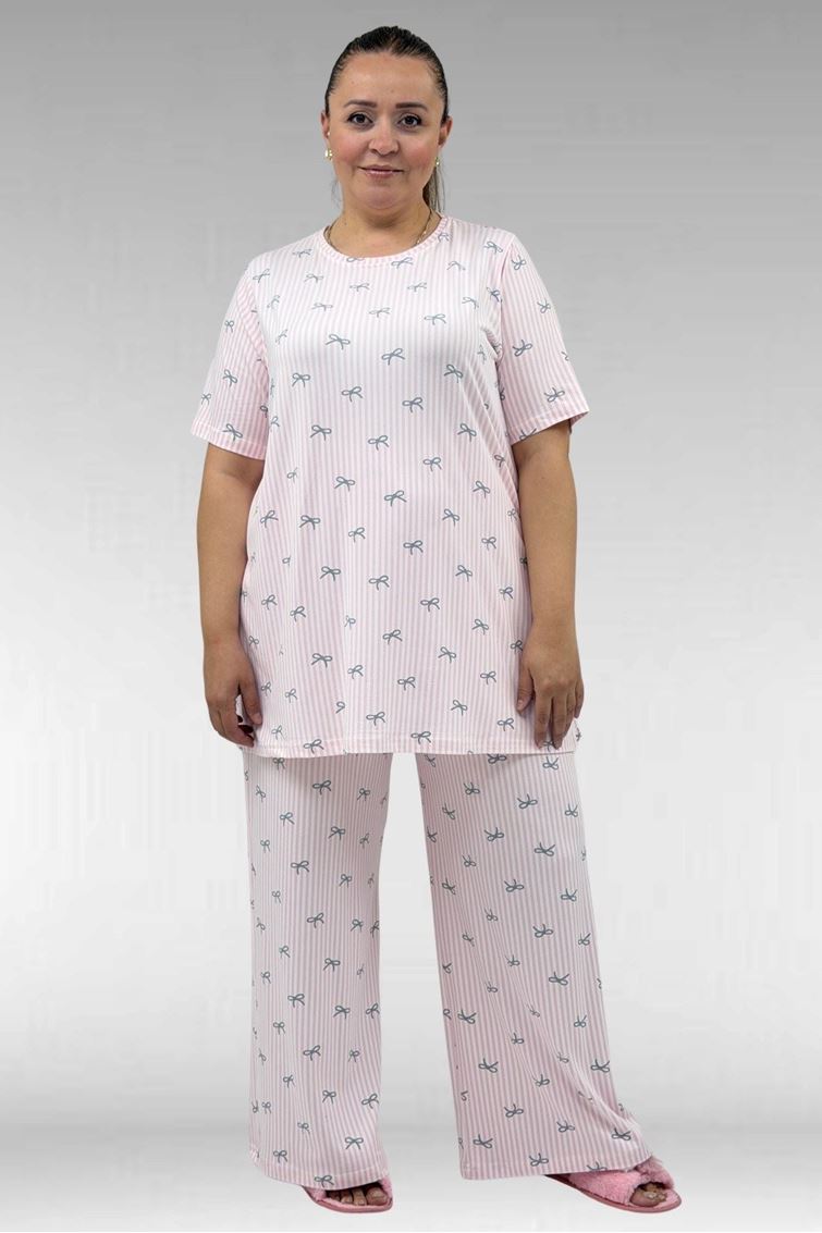67801 Büyük Beden Kısakol Desenli  Pijama Takımı - Antrasit Kurdele Desenli