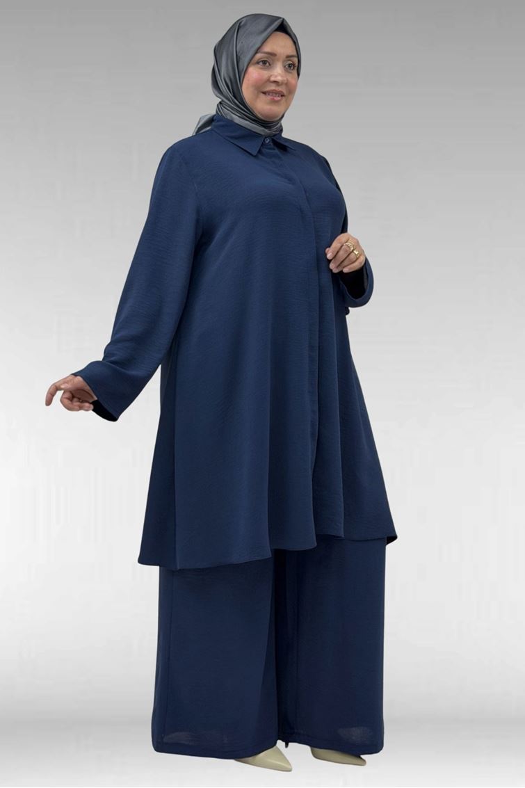 57031 Büyük Beden Erkek Yaka Airobin Pantolonlu Takım - Lacivert