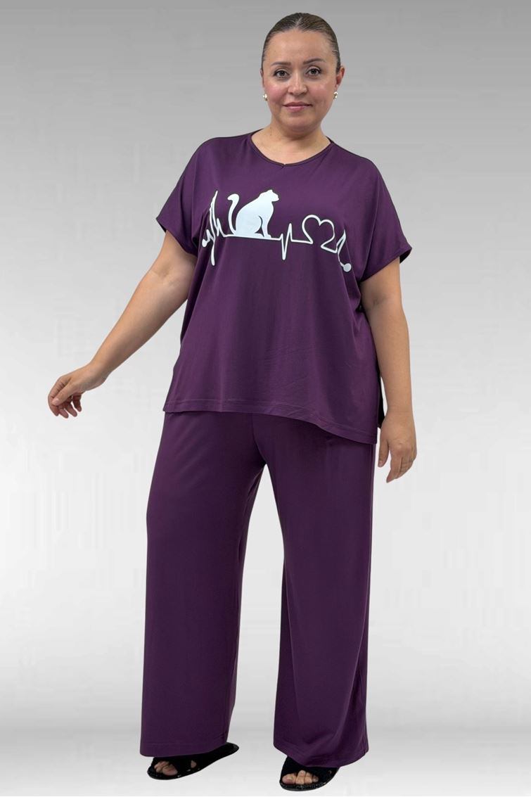 67804 Büyük Beden Yanı Yırtmaçlı Penye Pijama Takımı - Mürdüm