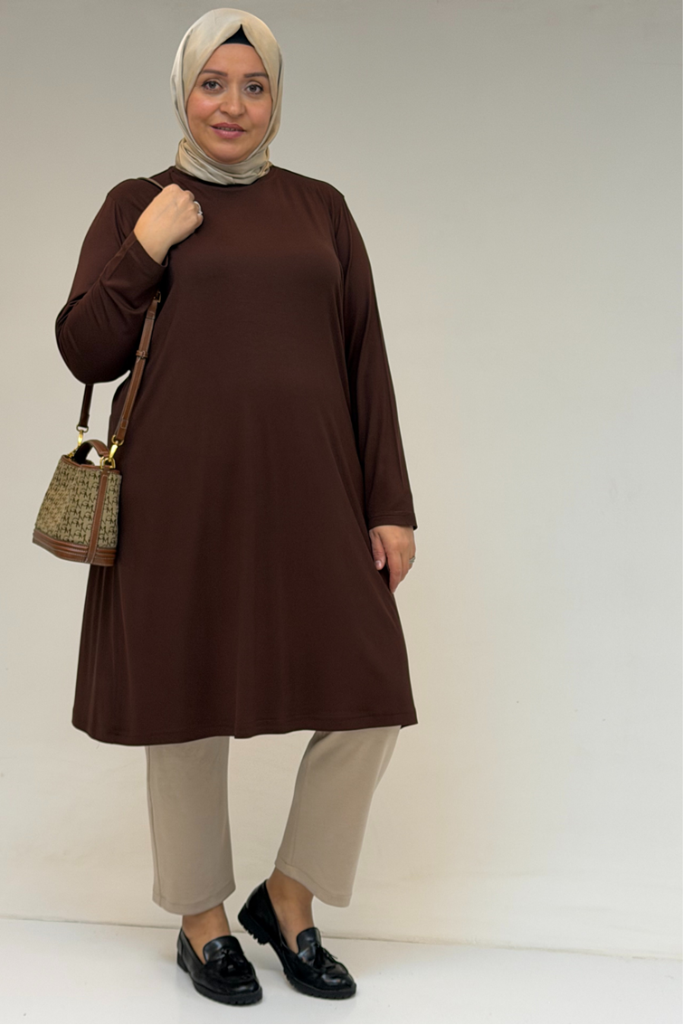 38501 Büyük Beden Basic Penye Tunik - Kahverengi
