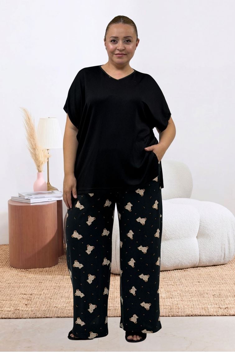 67808 Büyük Beden Kombinli Modal -Milan Pijama Takımı - Ayıcık Desenli