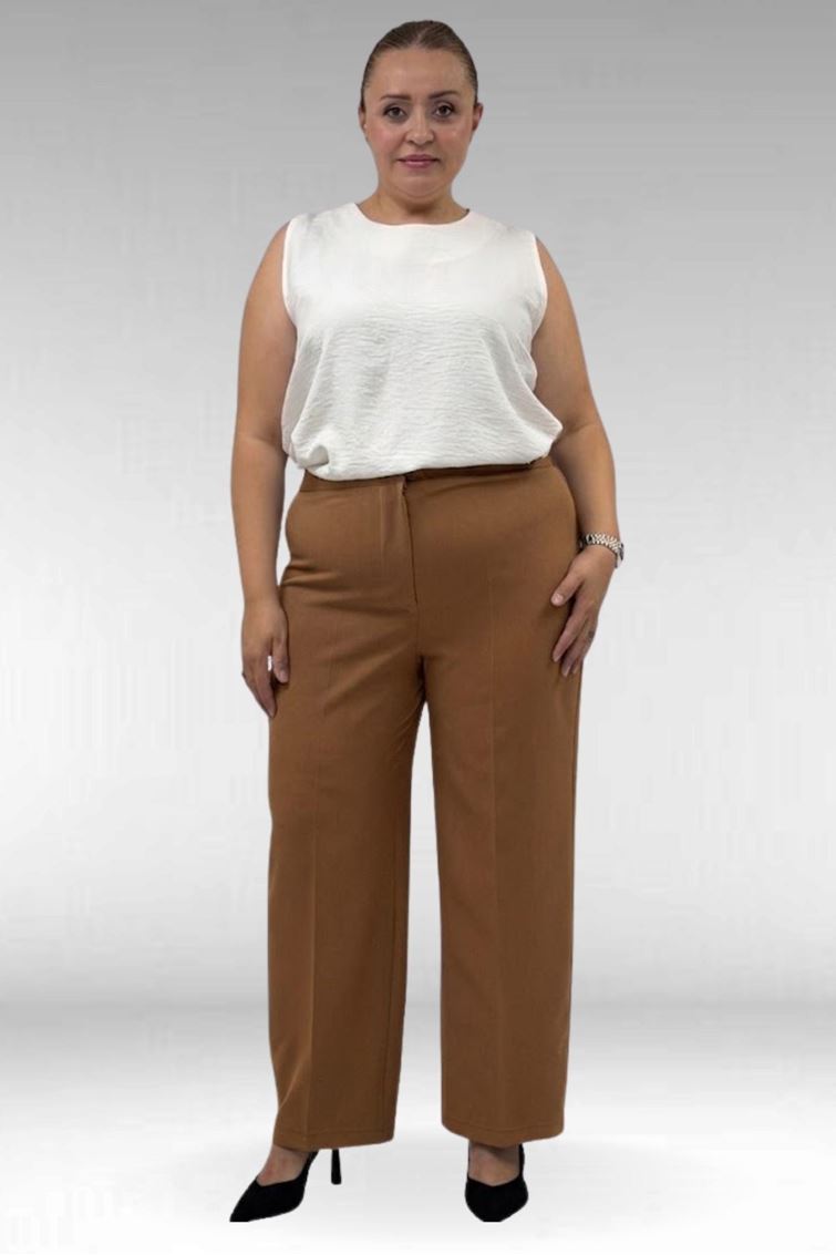 29021 Büyük Beden Beli Düğmeli Double Pantolon - Taba