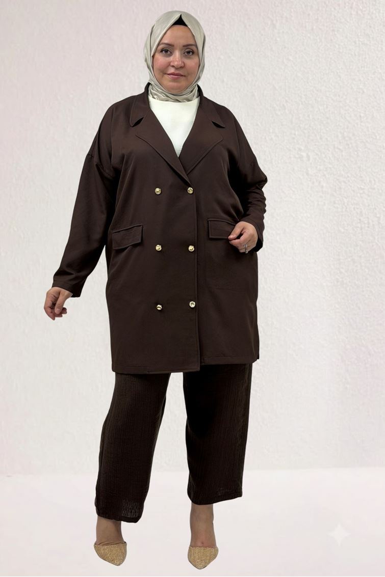 63015 Büyük Beden Mostralı Keten Blazer Ceket - Kahve