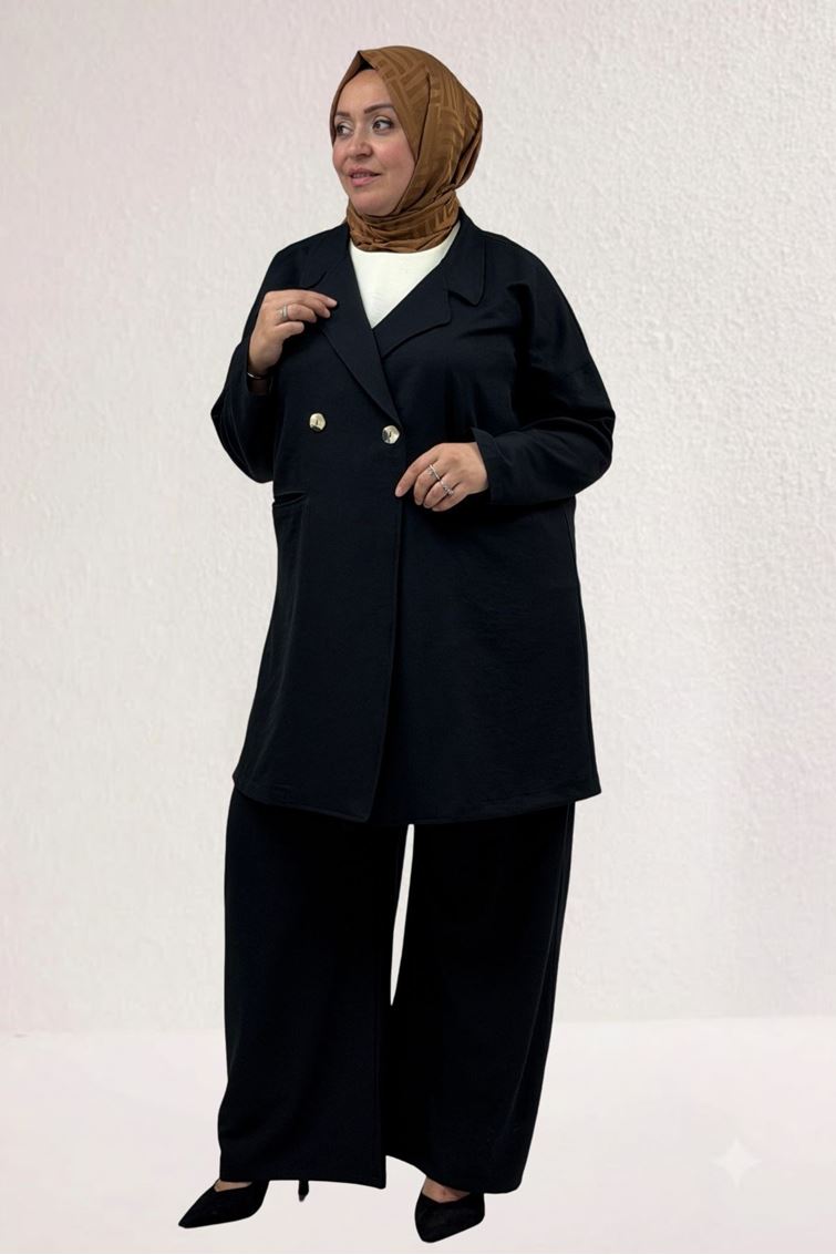 67056-1 Büyük Beden Blazer Ceket - Pantolon Nova Takım - Siyah