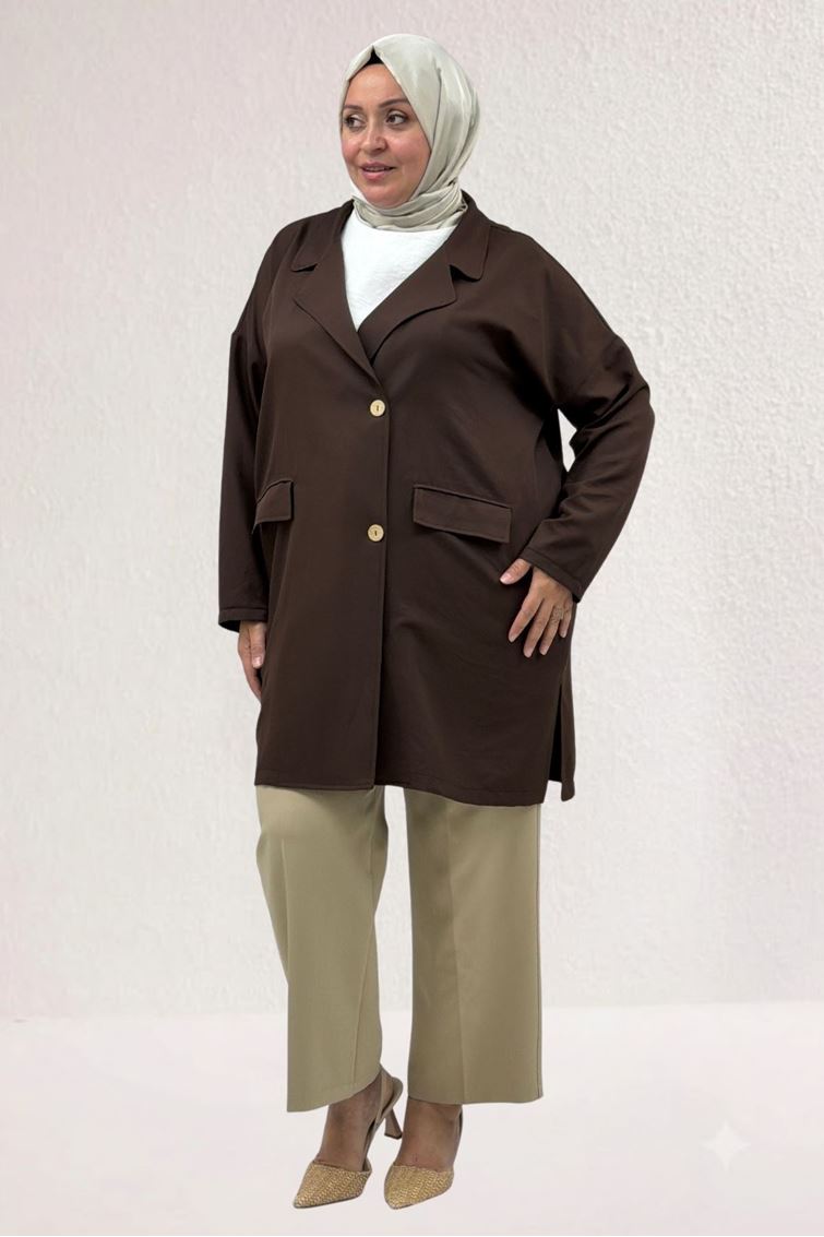 63015-1 Büyük Beden Mostralı Blazer Ceket - Kahve