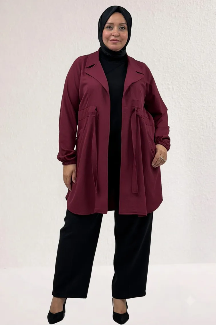 63018 Büyük Beden Bağlamalı Nora Ceket - Bordo