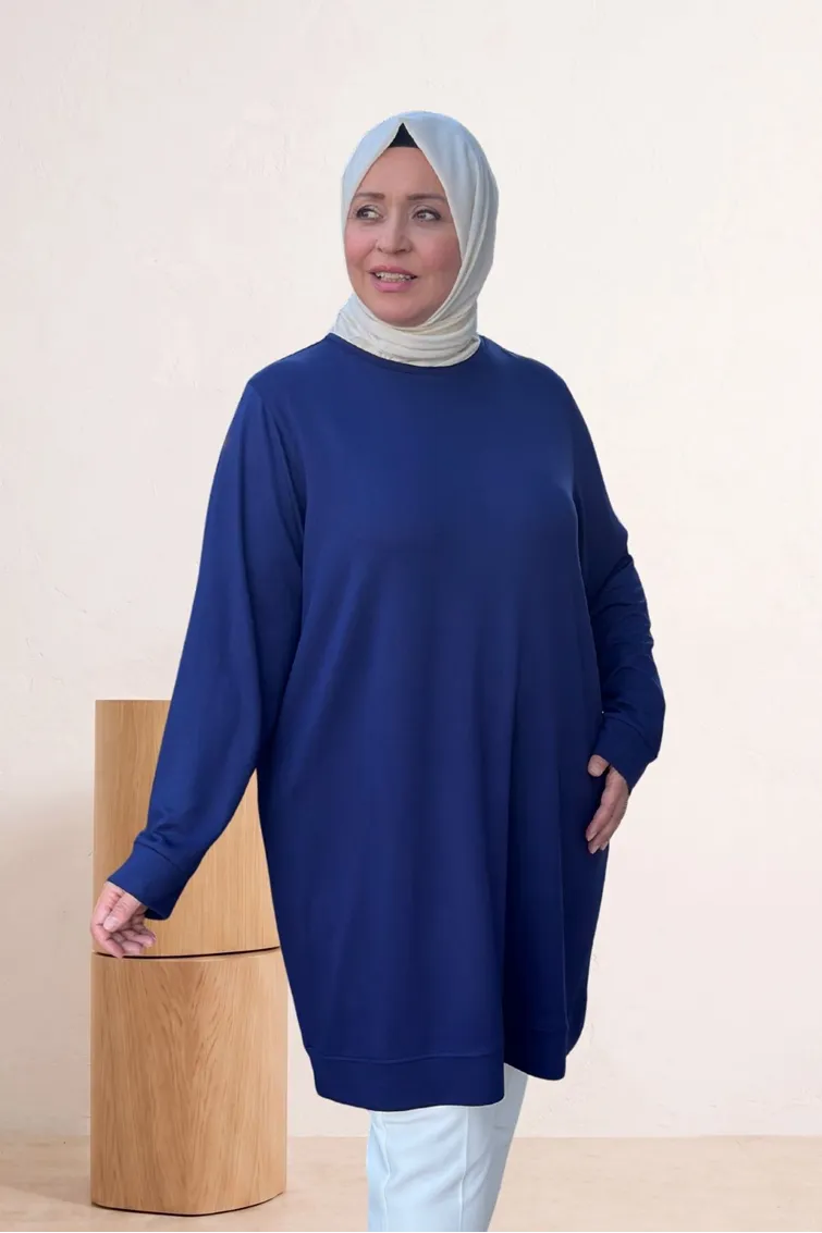 68052 Büyük Beden Kendi Kumaşından Ribanalı Modal Tunik - İndigo