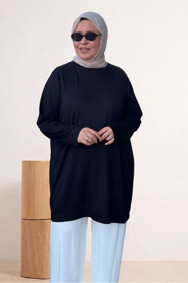 68052 Büyük Beden Kendi Kumaşından Ribanalı Modal Tunik - Siyah
