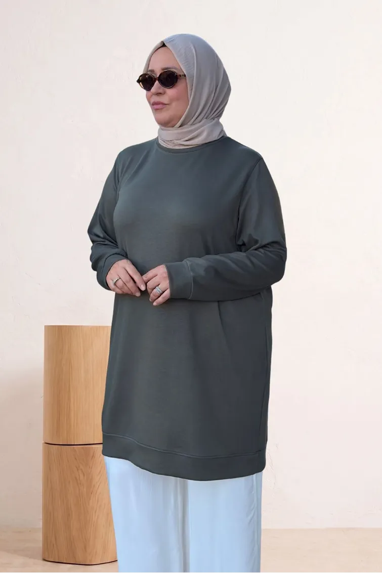 68052 Büyük Beden Kendi Kumaşından Ribanalı Modal Tunik - Haki
