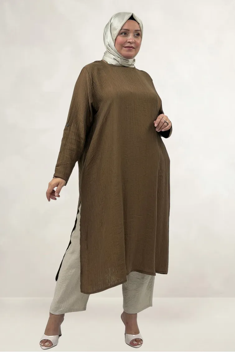68077 Büyük Beden.Yanları Yırtmaçlı Double Tensel Tunik - Taba