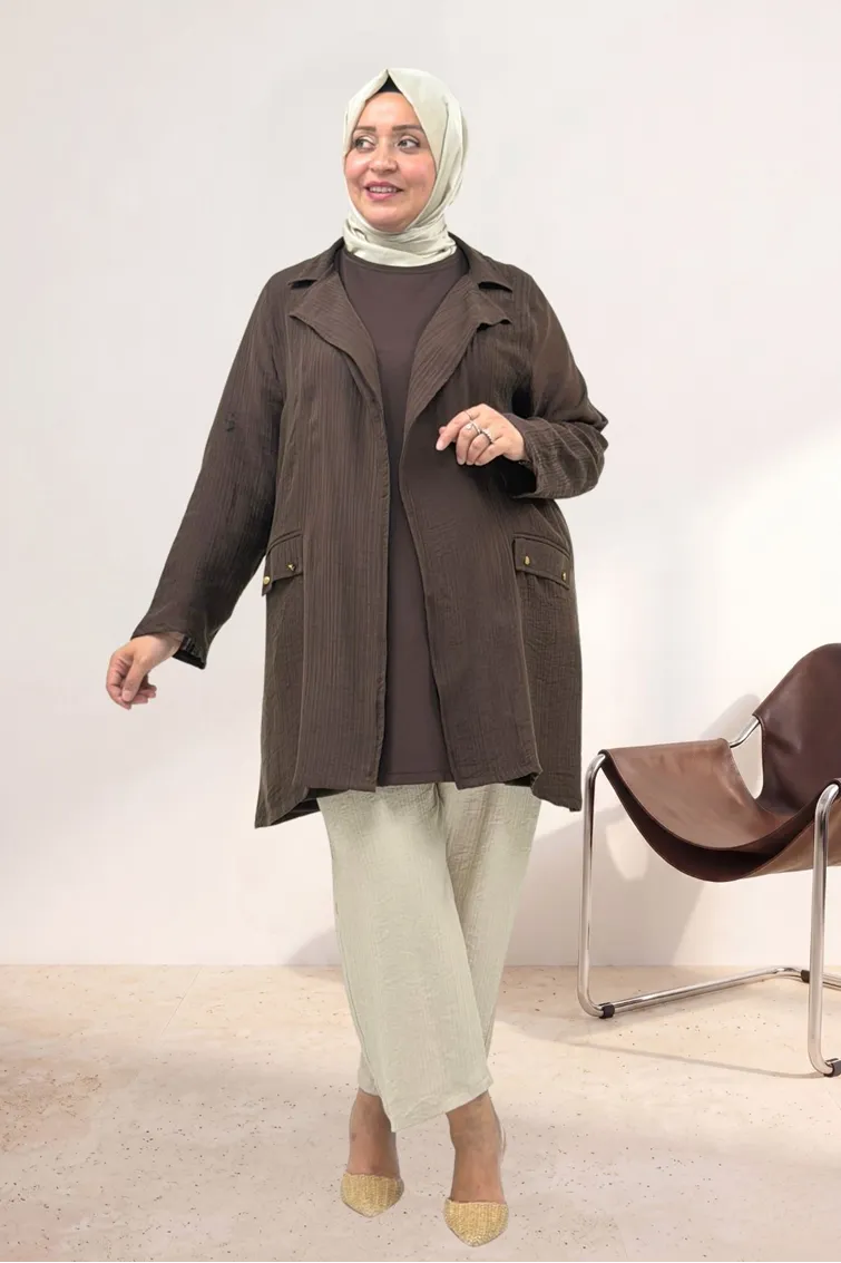 63016 Büyük Beden Mostralı Blazer Double Tensel Ceket - Kahve