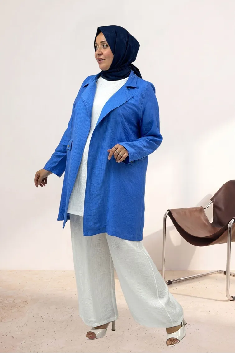 63016 Büyük Beden Mostralı Blazer Double Tensel Ceket - İndigo