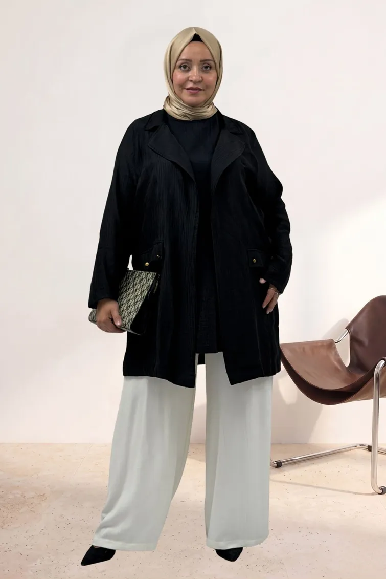 63016 Büyük Beden Mostralı Blazer Double Tensel Ceket - Siyah