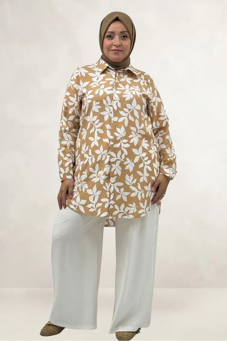 68094 Büyük Beden Manşetli Desenli Mango Tunik - Yaprak Desen Taba