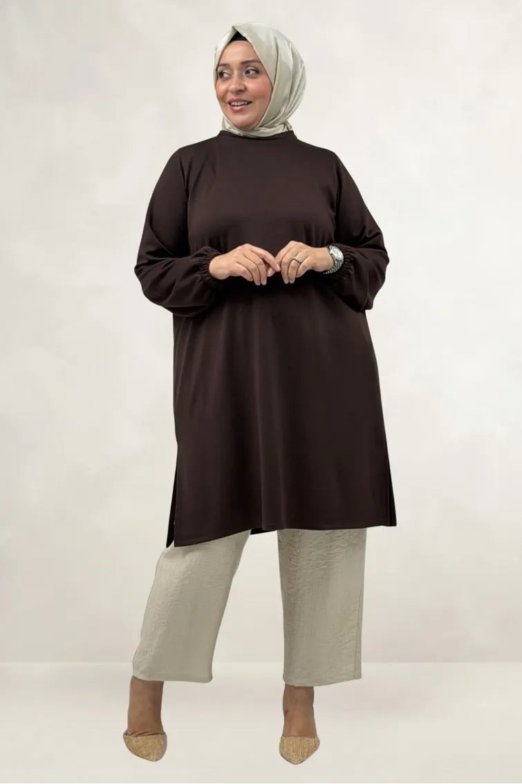 68080 Büyük Beden Basic Modal Tunik - Kahve