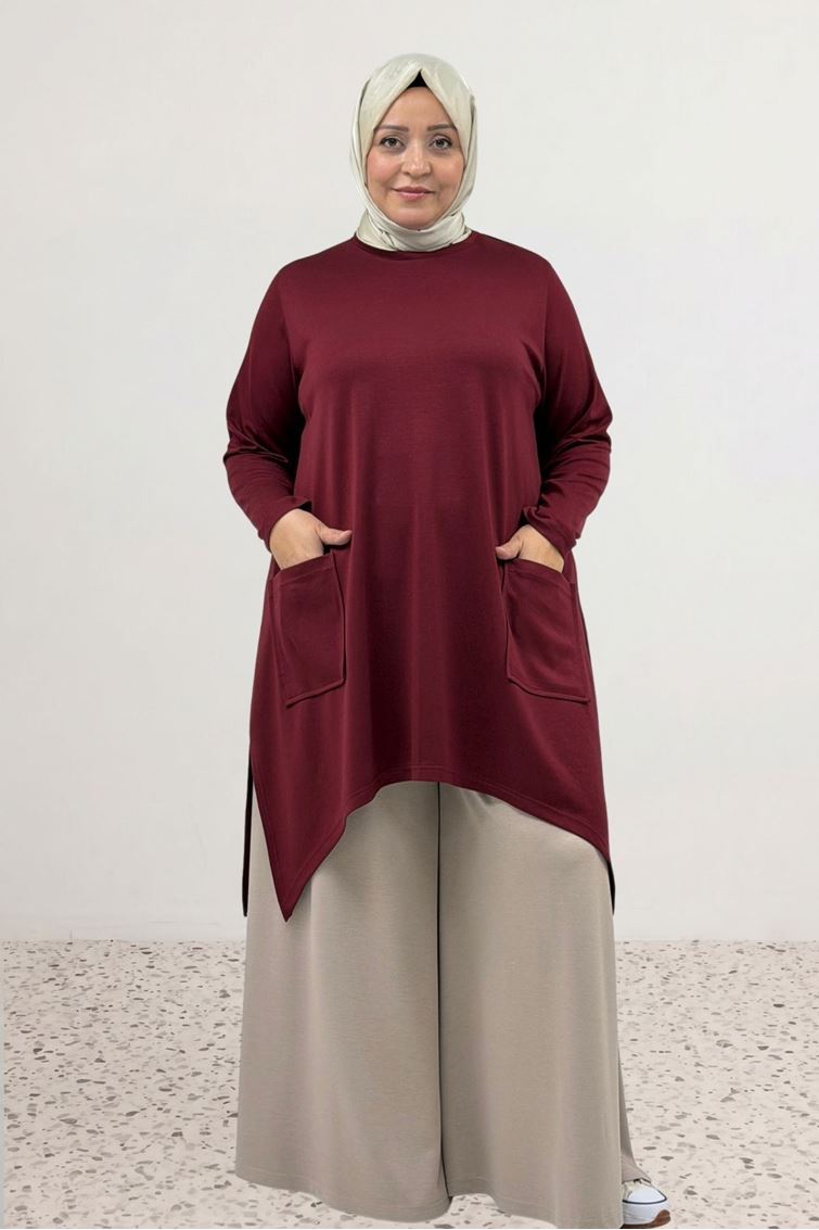 68086 Büyük Beden Eteği Oval Kesim Modal Tunik - Bordo