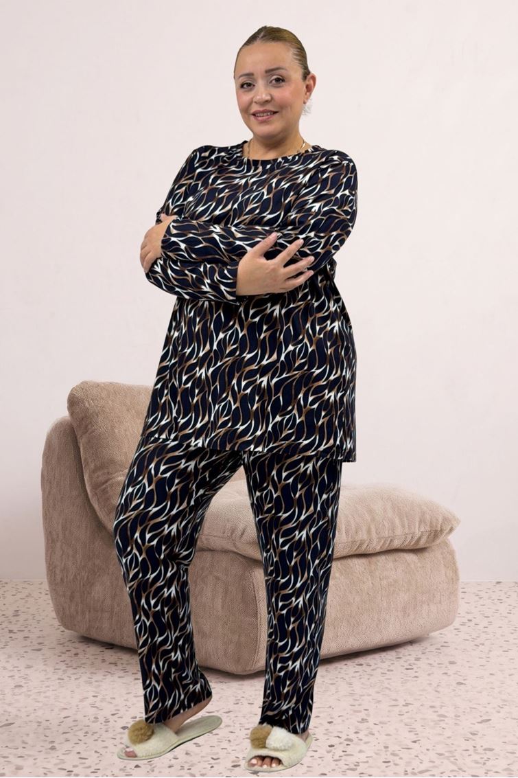 67810 Büyük Beden Uzunkol Desenli Süet Pantolonlu Pijama Takımı - Laci-Vizon Desenli