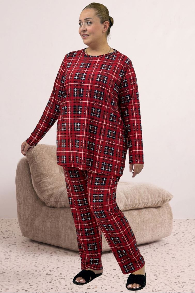 67810 Büyük Beden Uzunkol Desenli Süet Pantolonlu Pijama Takımı - Bordo Kare Desenli