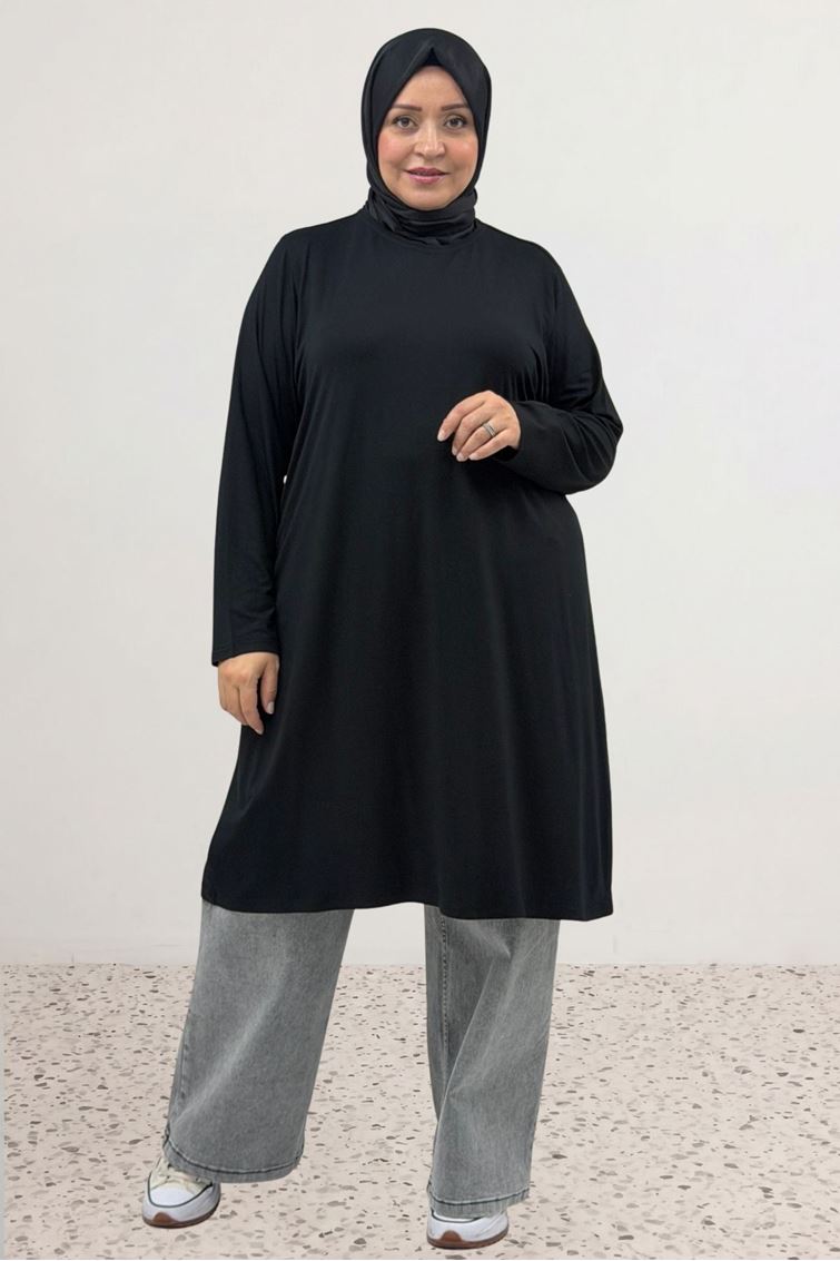 38501 Büyük Beden Basic Penye Tunik -  Siyah