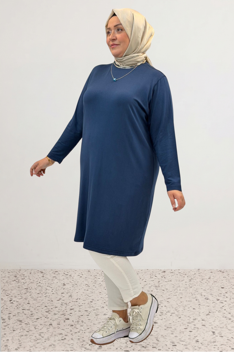 38501 Büyük Beden Basic Penye Tunik - İndigo