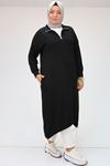 48028 Büyük Beden Dik Yaka Fermuarlı Kolları Manşetli Kristal Tunik - Siyah
