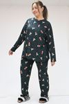 F-47814 Büyük Beden Micro Süet Uzunkol Pijama Takımı - Ayıcıklı Zümrüt