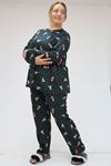 F-47814 Büyük Beden Micro Süet Uzunkol Pijama Takımı - Ayıcıklı Zümrüt