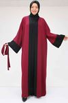 57204 Büyük Beden Patı Garnili Etamin Elbiseli Abaya - Bordo-Siyah