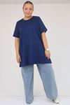 58508  Büyük Beden Yakası Biyeli Modal Tişört - İndigo