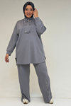 57034 Büyük Beden Çift Düğme Detaylı Modal Pantolonlu Takım - Gri