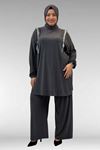 67022 Büyük Beden Omzu Taş Detaylı Sandy Pantolonlu Takım - Antrasit