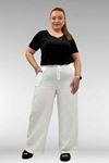 59021 Büyük Beden Beli Lastikli Müslin Bol Paça Pantolon - Ekru