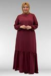 42027 Büyük Beden Eteği Büzgülü  Keten Elbise - Bordo