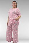 67801 Büyük Beden Kısakol Desenli  Pijama Takımı - Kedi Desenli
